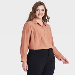 Women's Plus Size Long Sleeve Button-Down Shirt - Ava & Viv | Coral | NWT